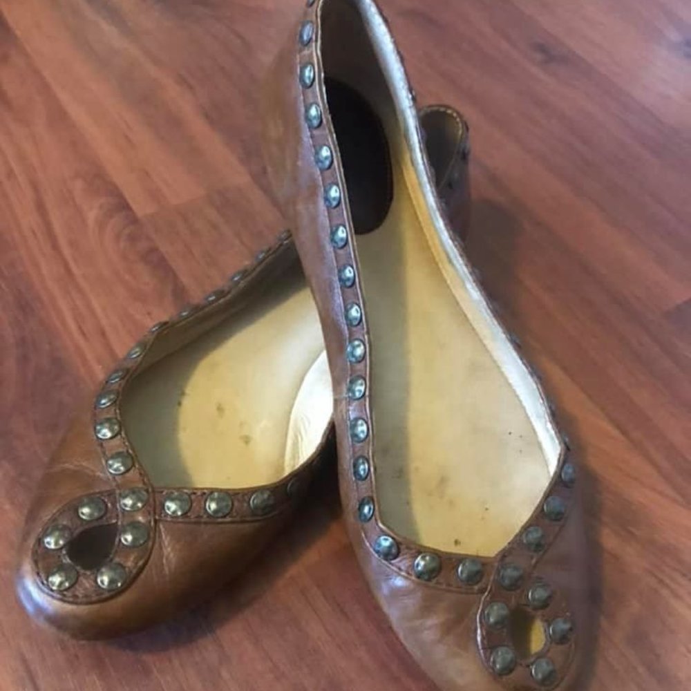 Frye Studded Leather Flats, Size 10, Brown